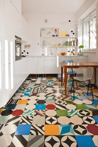 A kitchen with a colourful patchwork floor