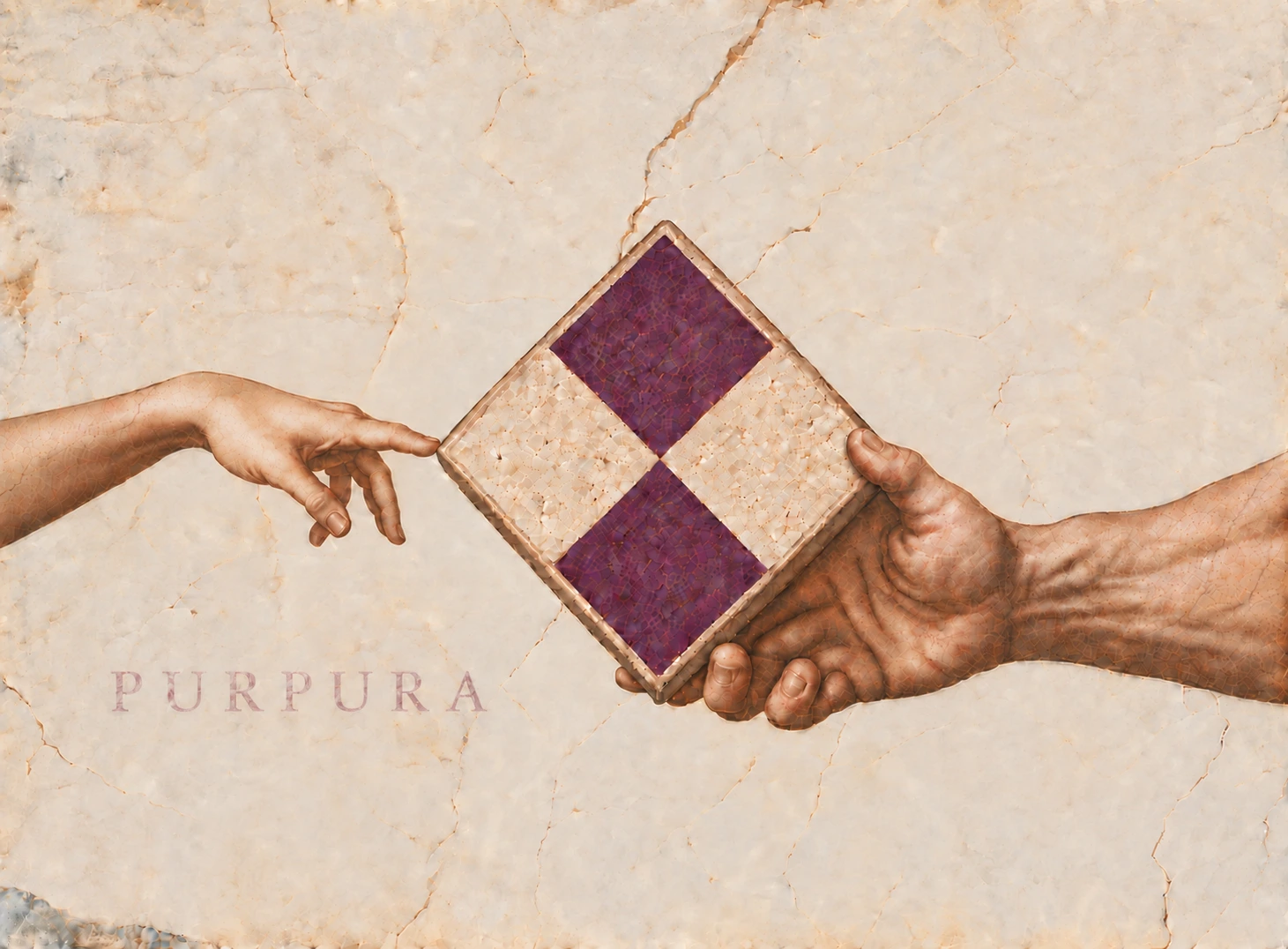 A playful fresco-inspired scene of a hand offering a Purpura tile